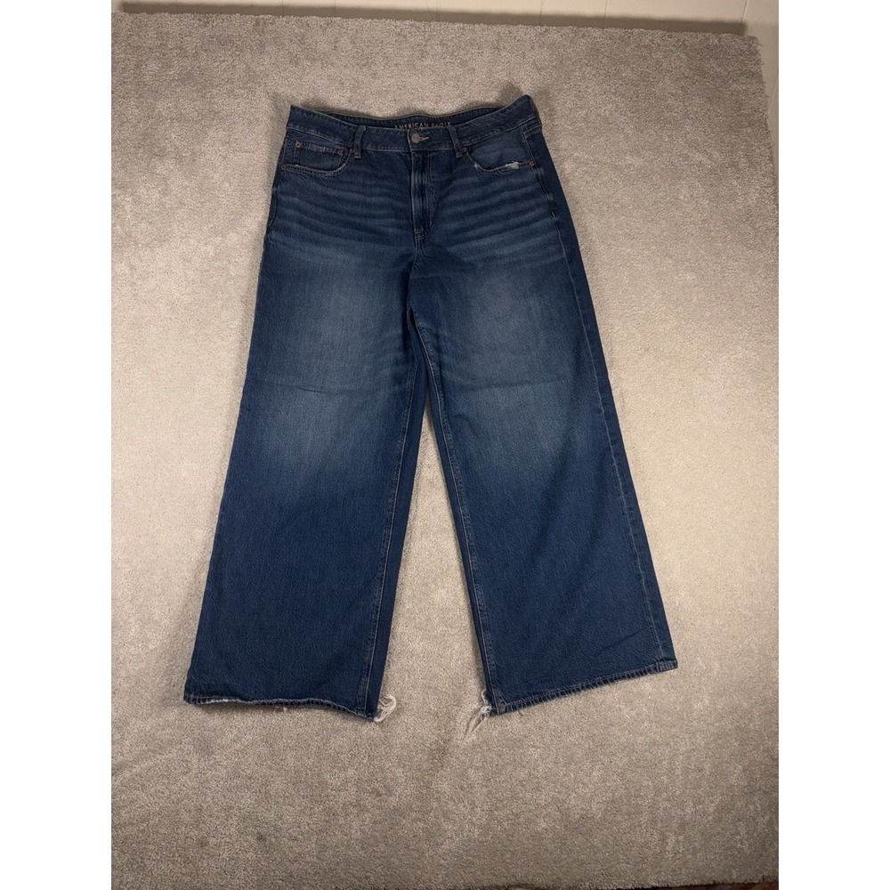 American Eagle Super High Rise Baggy Wide Leg Ankle Jeans Womens 14 Long